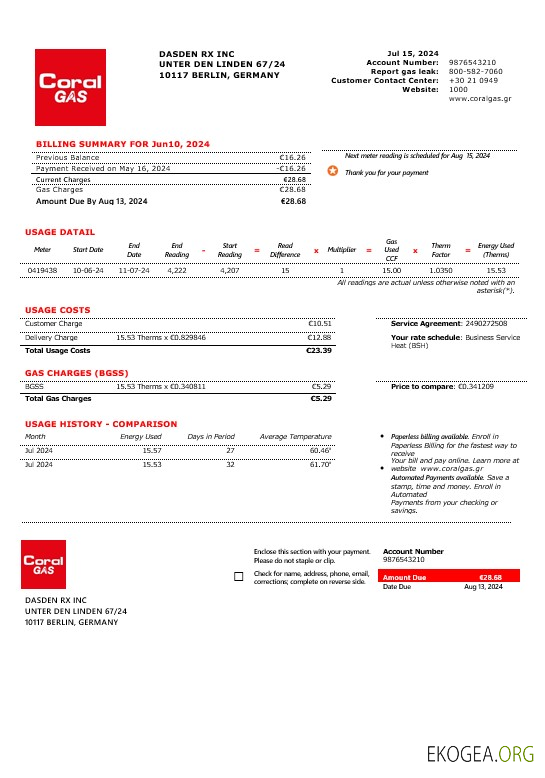 Modèle de facture de services publics pour les entreprises grecques CORAL GAS aux formats Word et PDF